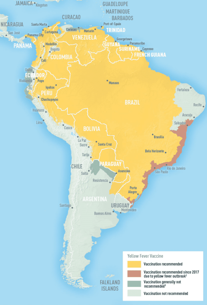 Lugares donde se recomienda la vacunación contra la fiebre amarilla en sudamérica